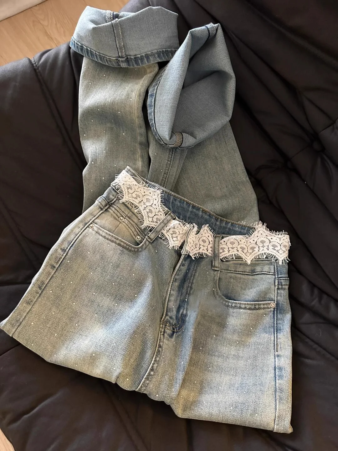 Retro renda emenda strass calças jeans femininas primavera outono cintura alta perna larga jeans coreano versátil solto calças retas