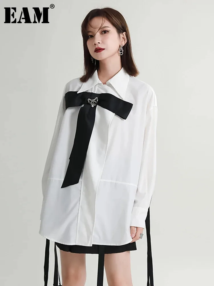 

[EAM] Women White Bow Ribbon Big Size Long Blouse New Lapel Long Sleeve Loose Fit Shirt Fashion Tide Spring Autumn 2024 1DF2412