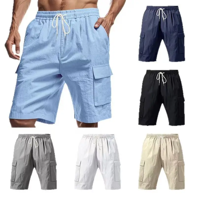 2025 New Summer Casual Cotton and Linen Pocket Solid-Color Shorts, Men's Lace-Up Fashionable and Comfortable Beach Cargo Pants