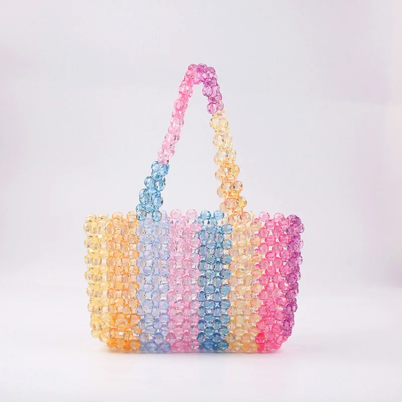 

Fashion Casual Versatile Handwoven Beaded Ladies Handbag Summer Simple Colorful Stripe Design Woman's Shoulder Bag 2024 New