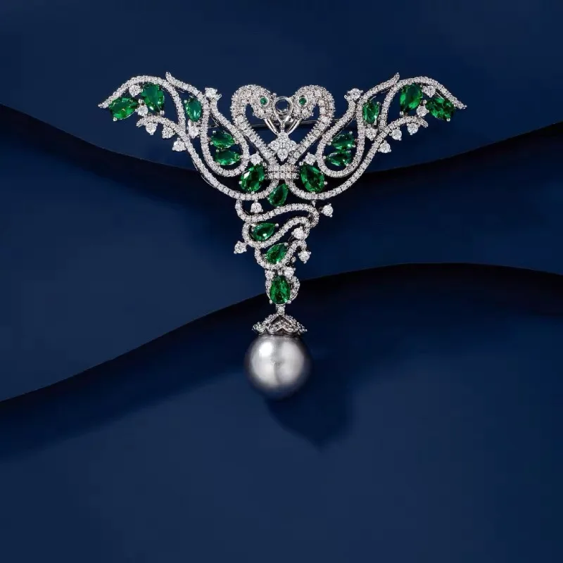 haute couture emerald jewelry, luxury heavy industry copper zircon swan brooch queen pearl jewelry