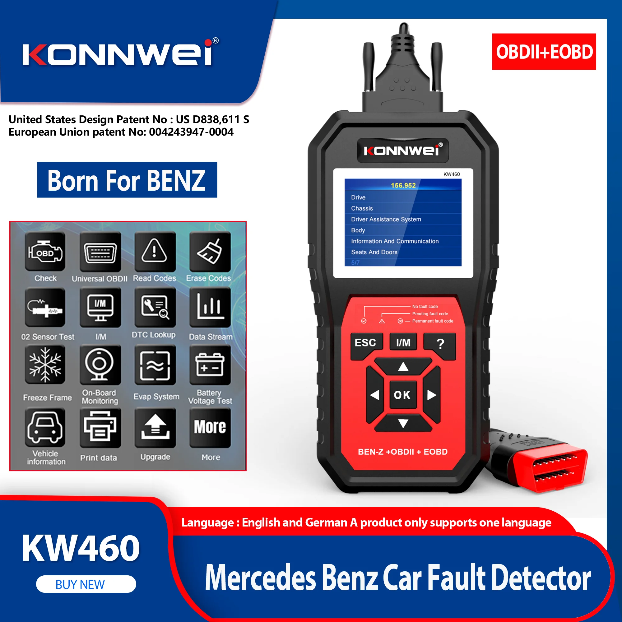 2026 KONNWEI KW460 سيارة ODB2 الماسح الضوئي رمز القارئ النفط TPMS إعادة تعيين Obd 2 لمرسيدس بنز ABS وسادة هوائية محول Autor أدوات التشخيص