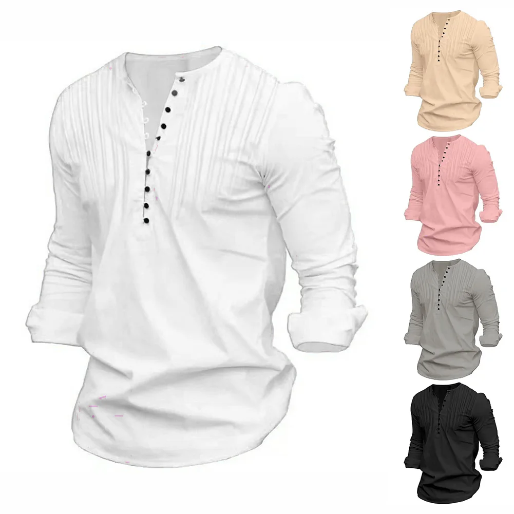 Camisas masculinas casuais de manga comprida com gola respirável de linho de algodão camisa vintage masculina cor sólida