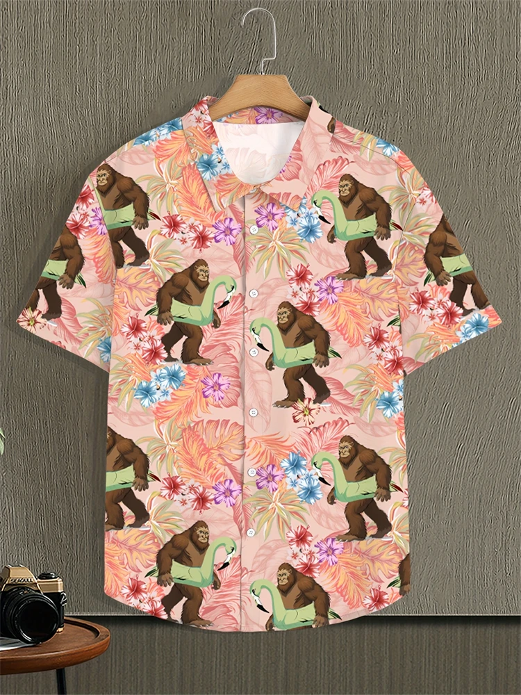 2025 قميص صيفي للرجال تصميم التلبيب دائرة السباحة الغوريلا نمط الرجال قميص كبير الحجم موضة فضفاضة شاطئ البحر ملابس الحفلات