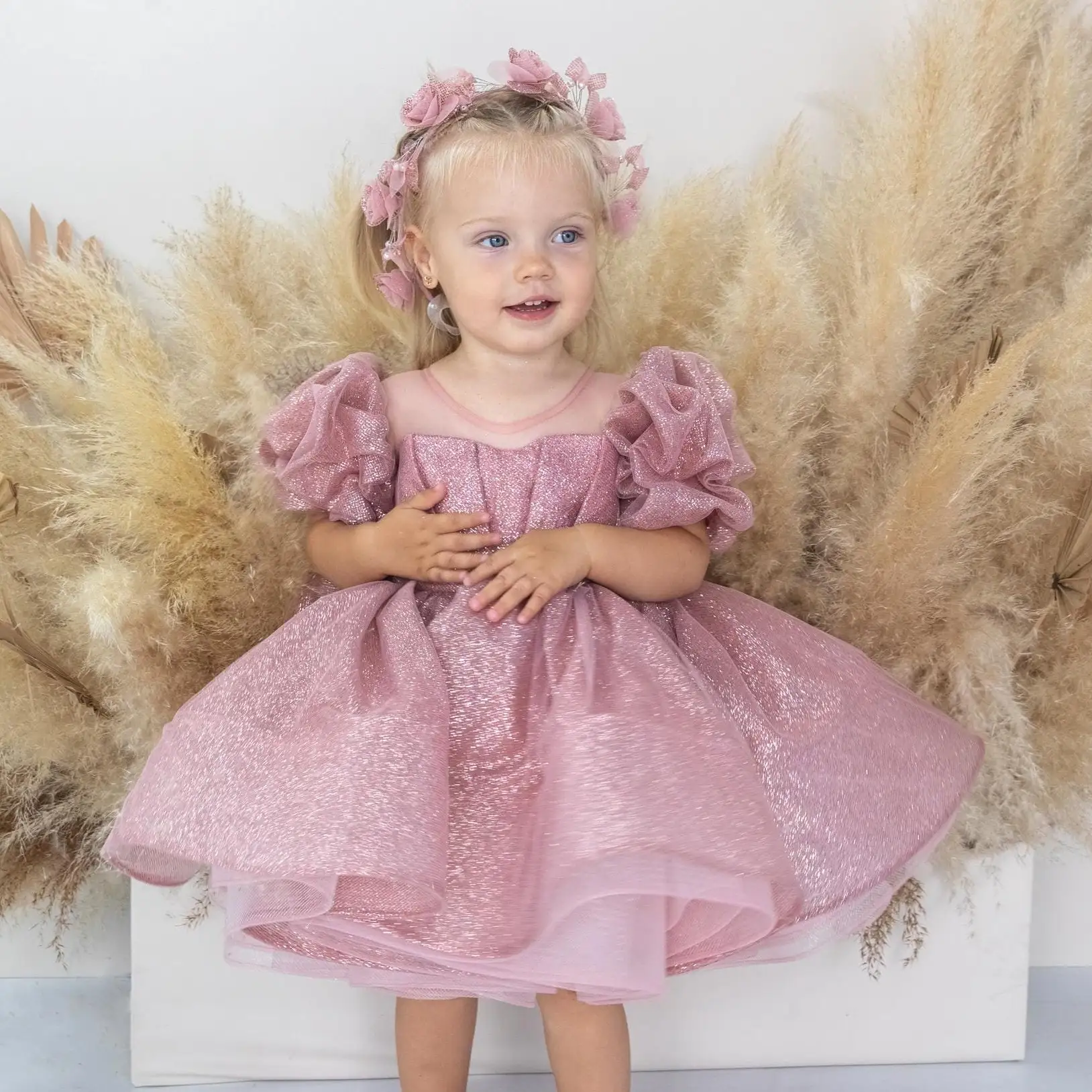 

2026 Kids' Glitter Pink Tutu Dress with Puff Sleeves Sheer Neckline Floral Headband Shiny Tulle Design Perfect for Party Wedding