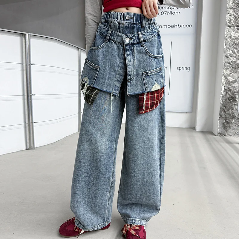 

Autumn Teenager Girls Denim Pant Plaid Patchwork Children Girls Trousers Elastic Waist Versatile School Girls Straight Leg Pant