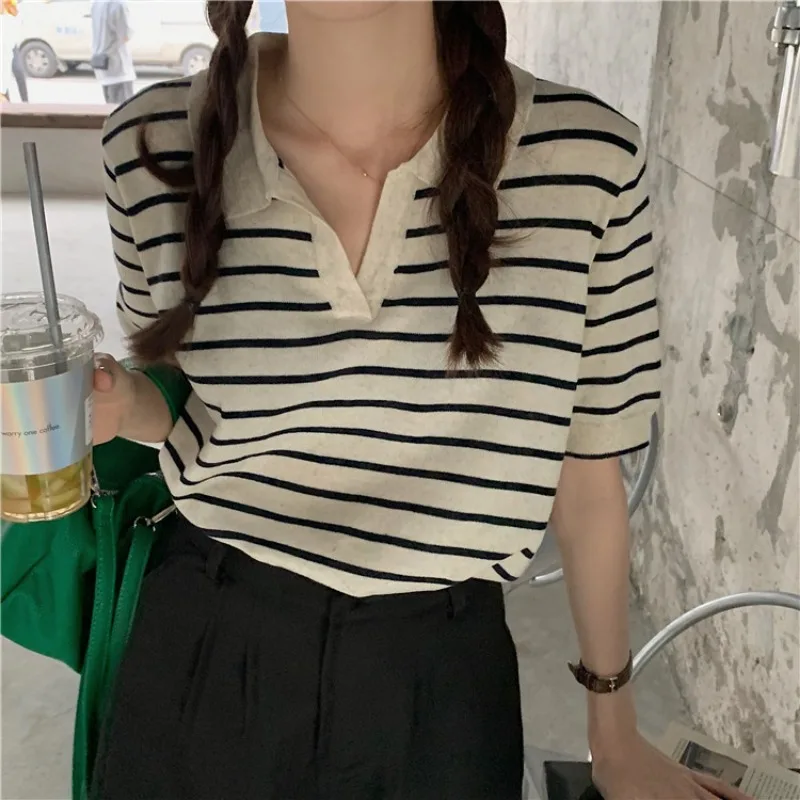 Summer Striped T-Shirt Women Knitted Shirts Pullover Tops Short Sleeve Female Elastic Casual Knit Tee Crop Tops Women\'s T-Shirts