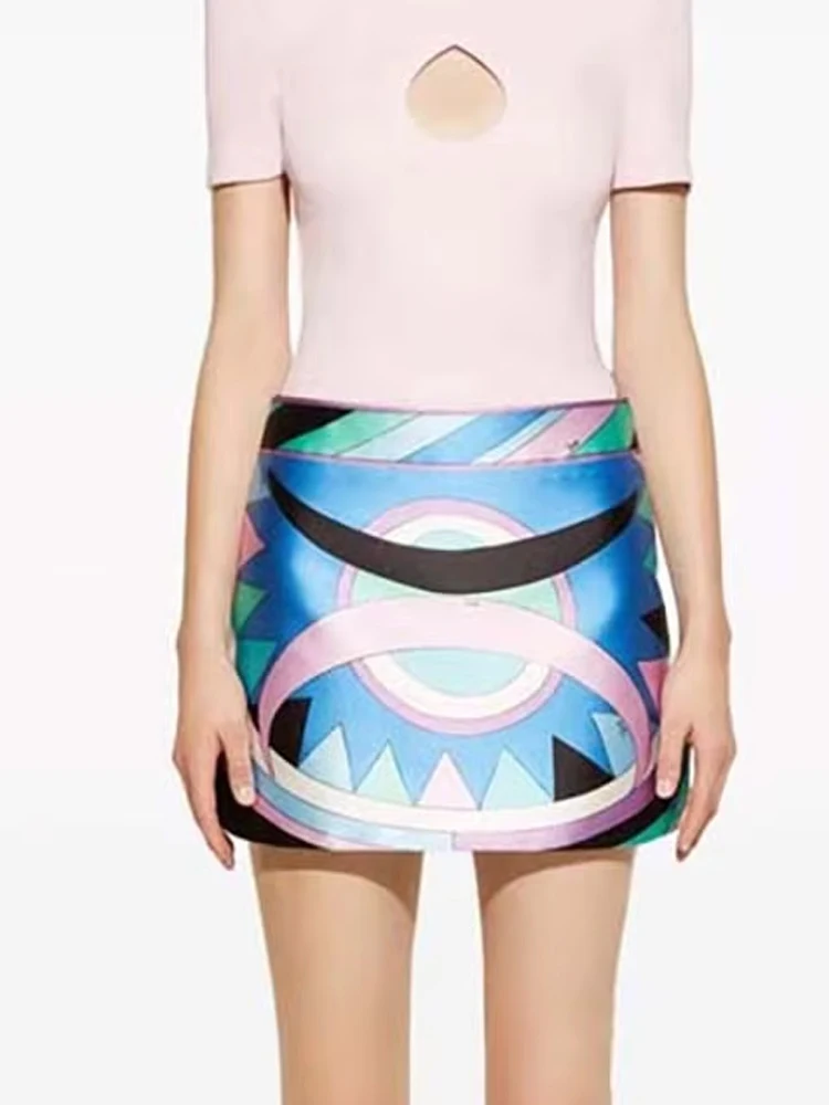 

2025 Sexy Street Mini Short Skirt Elegant Pattern Print Slim Fit Wrap Hip Skirt Summer Women Fashion Hight Waist A-Line Skirt