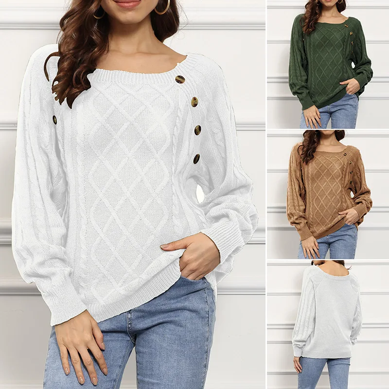 Women's loose top Autumn/Winter 2023 solid color long sleeve O neck nail button Fried Dough Twists knitting pullover sweater