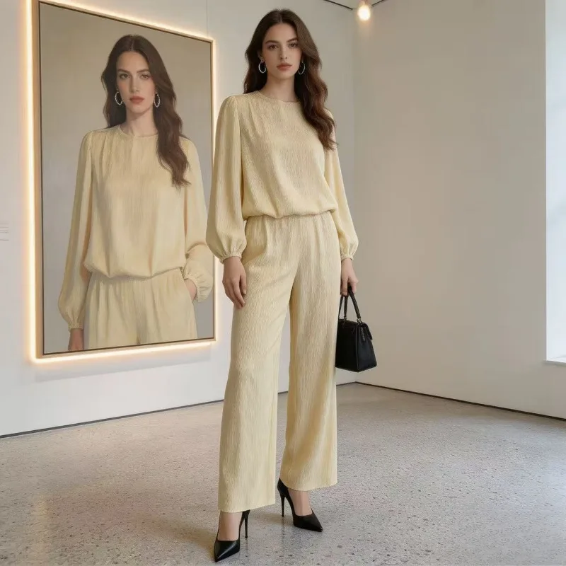 

Miyake Pleated 2026 New Water Ripple Pleated Set for Women, Loose Solid Color Long Sleeve Casual Two-Piece Set with Relaxed Feel