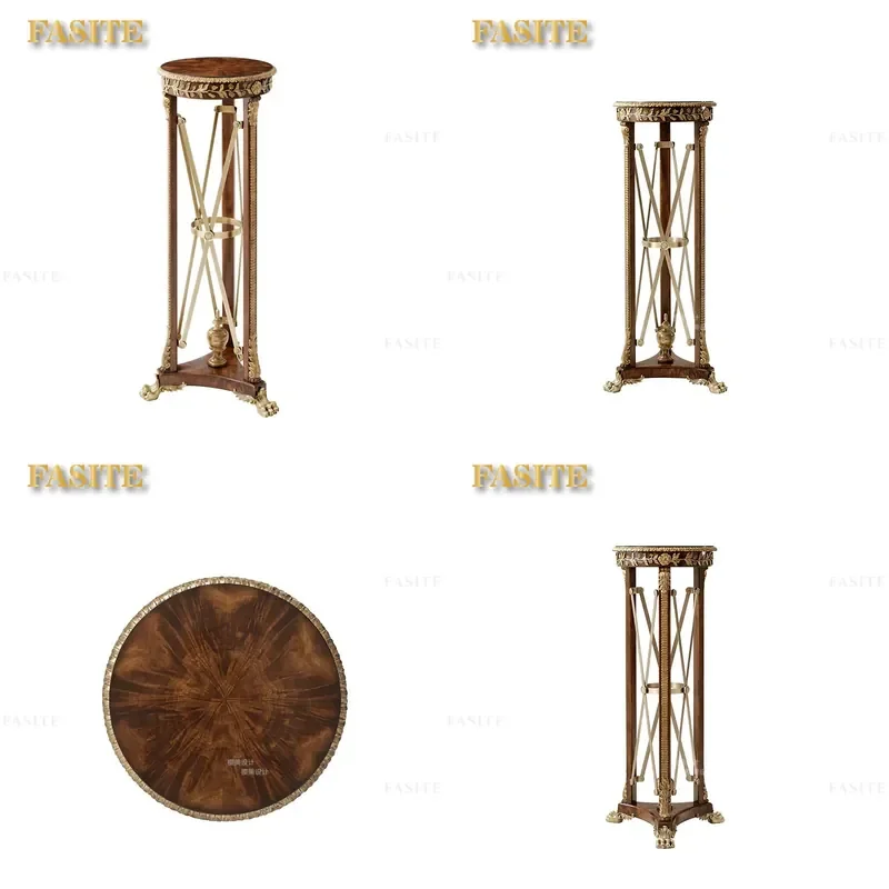 For European Neoclassical Solid Wood Side Table with Carved Details and Copper Inlay Flower Stand Lamp Table for Living Room