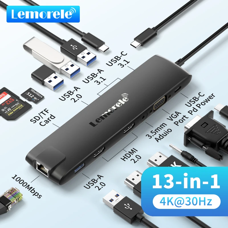 Lemorele 13 In 1 TC96 USB HUB to HDMI 4K Display Type C To USB 3.1 10Gbps With RJ45  PD100W VGA  SD TF For MacBook Ipad Computer