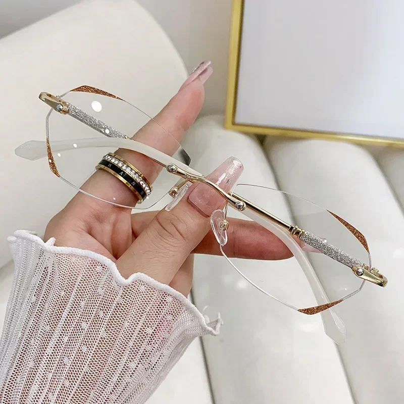 Gafas de miopía sin montura con corte de diamante para mujer, gafas antiluz azul menos, gafas graduadas terminadas, gafas de visión cercana,
