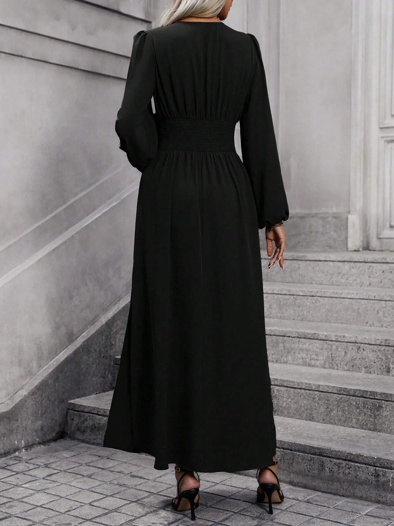 Französisches Retro-Kleid mit Laternenärmeln und Schlitz für Damen, Winter 2025, Strick-Bodycon-Maxikleid – Detail 18