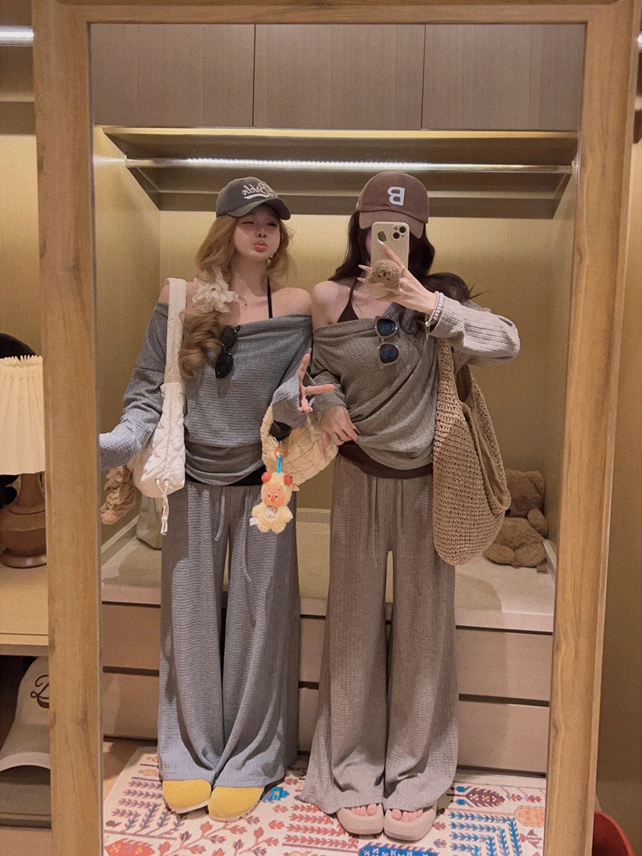 

Комплект Yukiss из трех предметов: повседневный топ с открытыми плечами, брюки с длинными рукавами и драпировкой, женская мода, весенняя коллекция