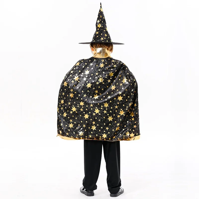 Children Witch Magician Cloak Five-star Bronzing Cloak Kids Witch Cape with Hat for Party Halloween Costumes Carnival Purim