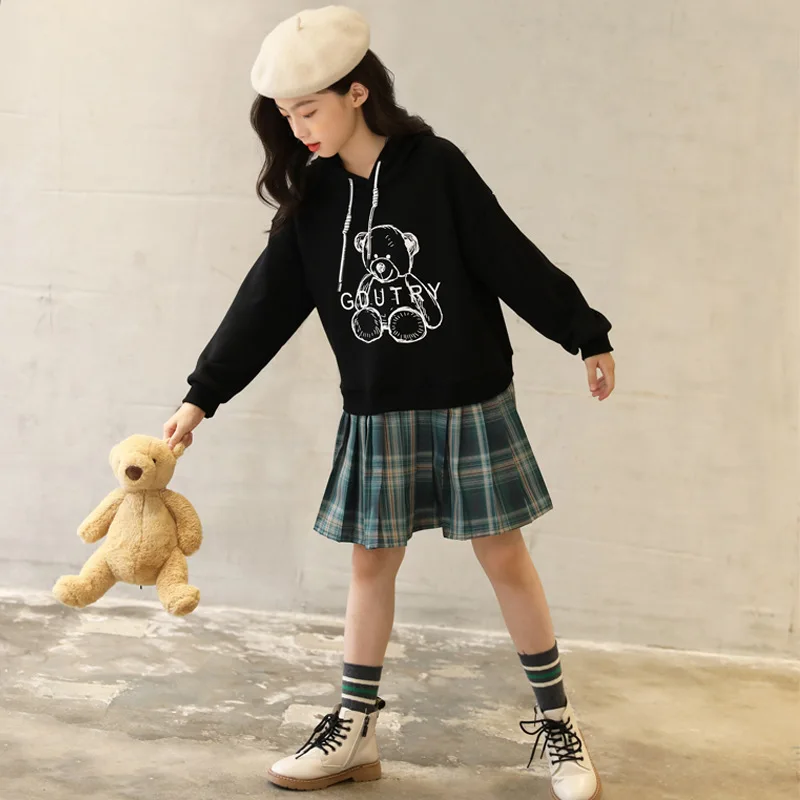 Spring Sutumn Junior Girl One-piece Dress Teengaer Girl Cartoon Bear Hooded Sweatshirt Patchwork Pleated Skirt School Girl Dress