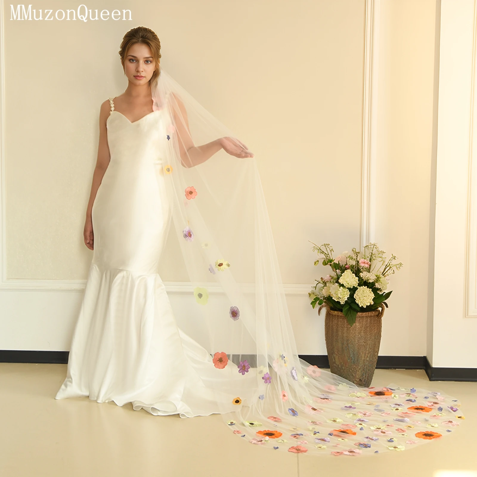 

TOPQUEEN Свадебная фата с длинным шлейфом и расческой, украшенная красочными вышитыми цветами для свадьбы в соборе M179