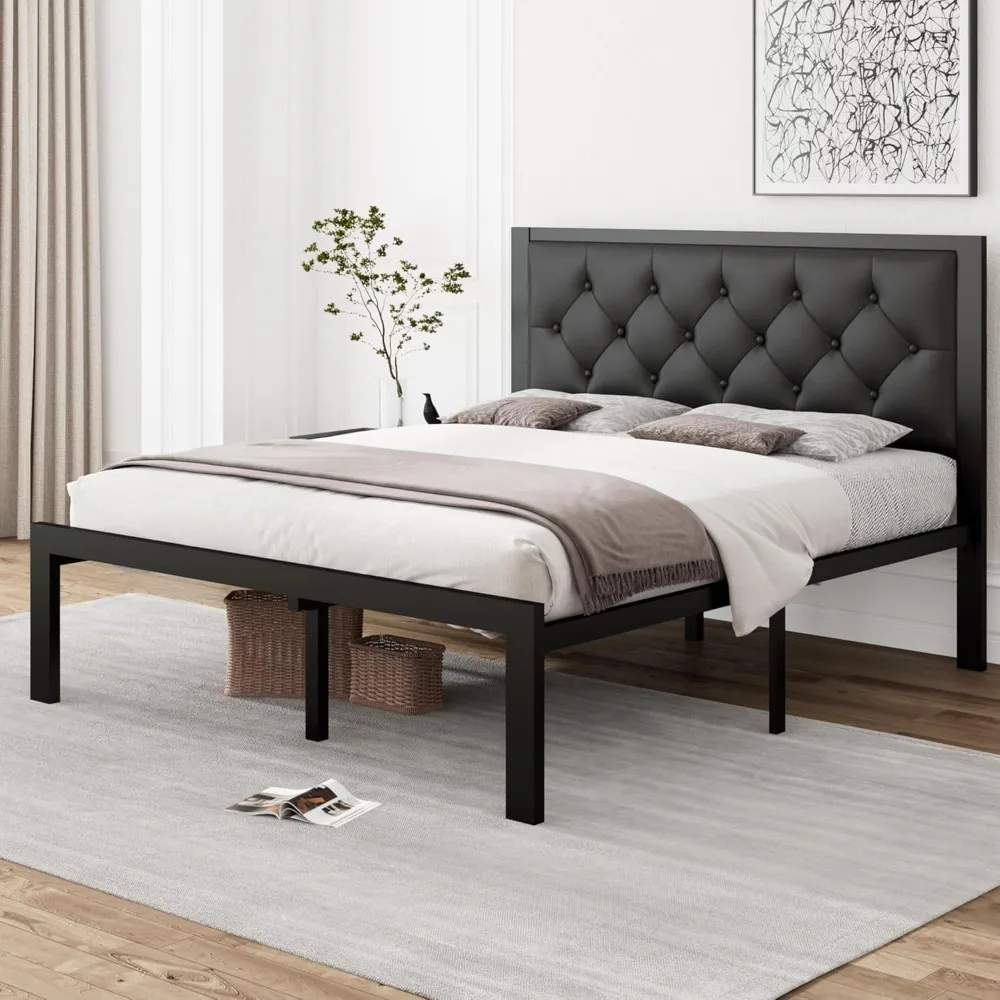 Twin metalen bedframe, kunstleer platformbedframe met getuft hoofdeinde met knopen, 12" ruimte onder het bed, stalen lattenbodem