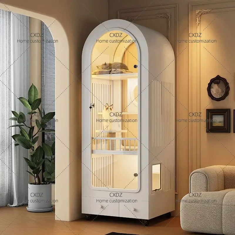 Arched Solid Wood Cat Villa Cabinet with Integrated Litter Box Indoor Pet House Space Saving Design No Cage Needed