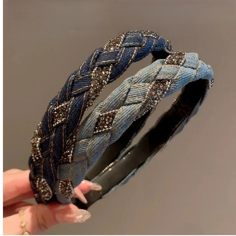 New Arrival High-end Elegant Retro Light Luxury Rhinestone Denim Hair Accessories Braided Headband Fashionable Simple Hairband