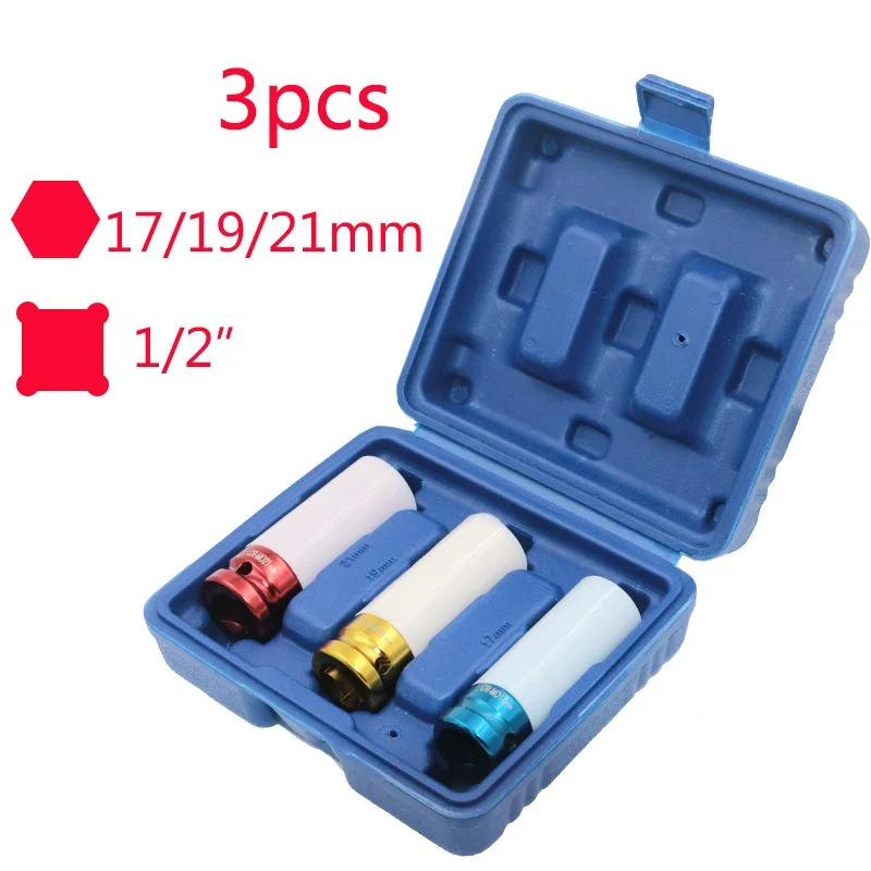 

U50 3Pcs 1/2 Inch 17mm 19mm 21mm Alloy Thin Wall Car Wheel Deep Impact Nut Socket Driver Set