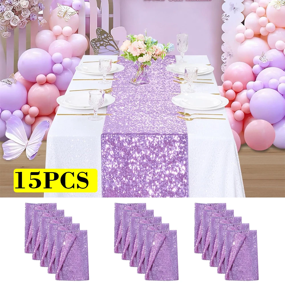 

15 Pcs-12x72 Inches Sequin Table Runner, Glitter Lavender Table Runner for Birthday Party Supplies Wedding Holiday Celebration E