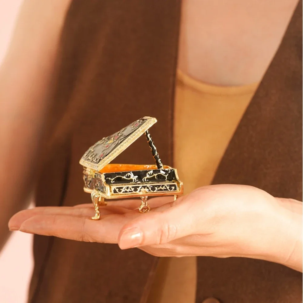 Creative Piano Shaped Jewelry Boxes Enamel Floral Decorative Trinket Case Miniature Musical Instrument Ornament Home Decor Gifts