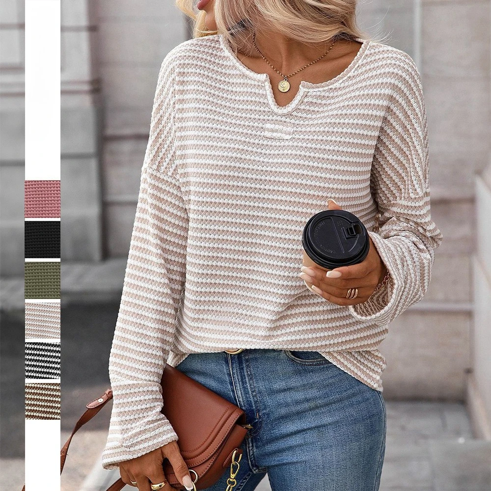 

Women T Shirts Tops Knitted Tees Plaid Color T-Shirts Square Collar Long Sleeve Slight Strech Loose Casual Streetwear Autumn