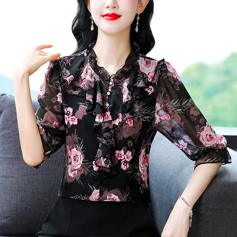 

Elegant Floral Print Chiffon Shirt Women's Sleeveless Top Slimming Aged-Back Design Korean Style Loose Fit Summer Fashion