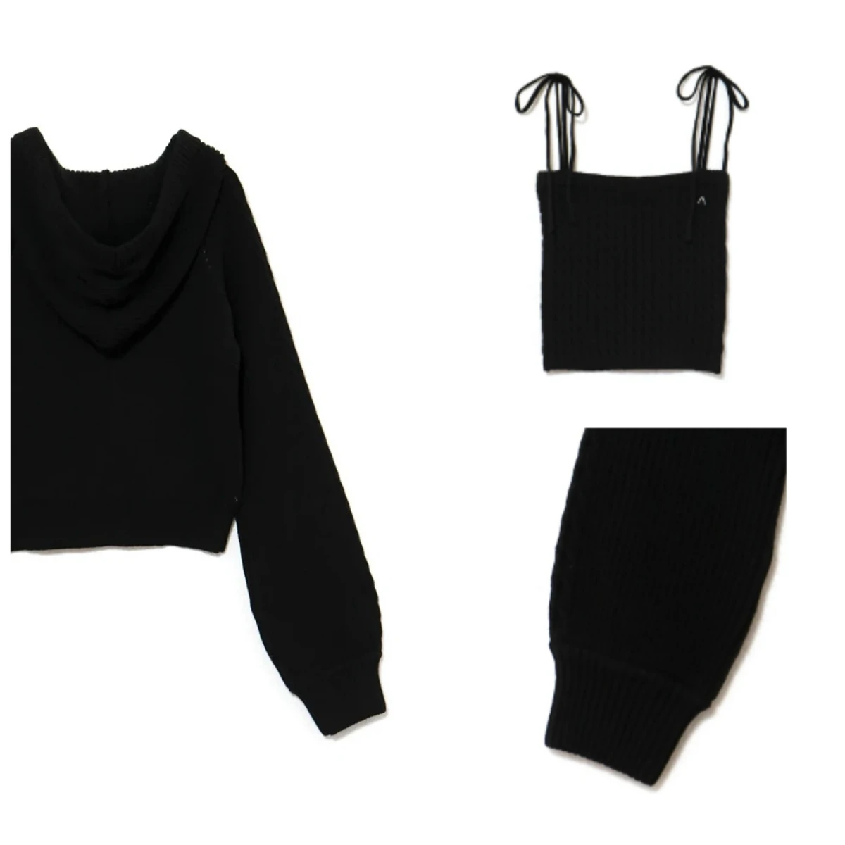 

Japanese Sweet Style Versatile for Girls Letter Jacquard Zipper Knitted Long Sleeve Hooded Short Zipper Cardigan + Camisole