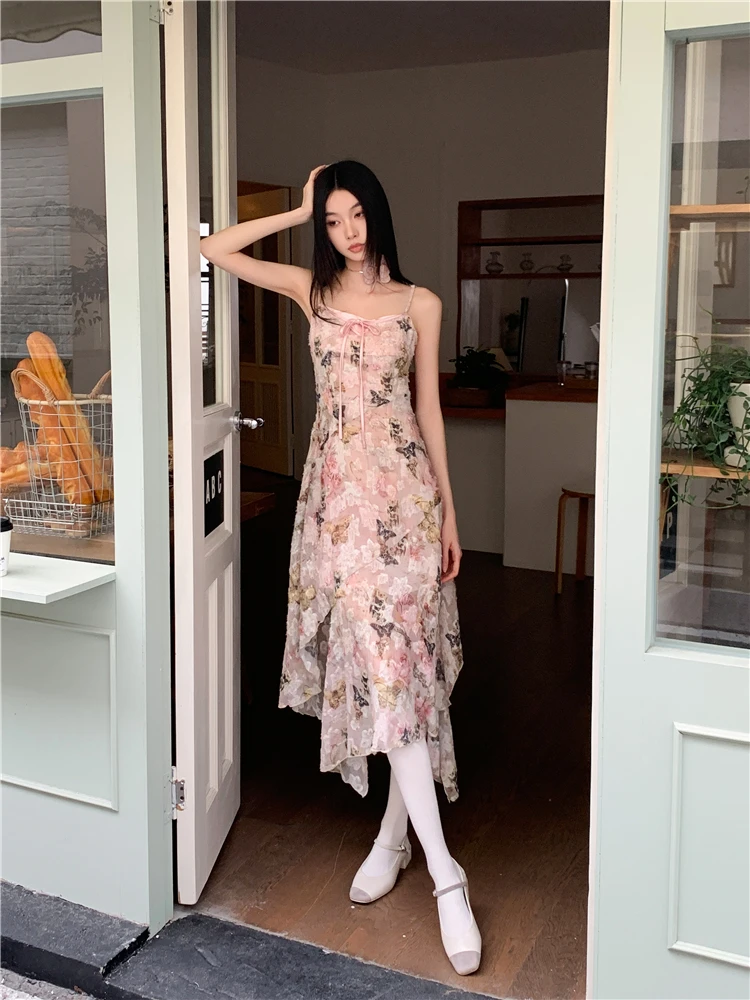 CHEERART ผีเสื้อดอกไม้สีชมพู Sheer Slip Dress 2025 ผู้หญิงฤดูร้อน Designer Sundress Tunics ไม่สมมาตร Midi ชุดเสื้อผ้า