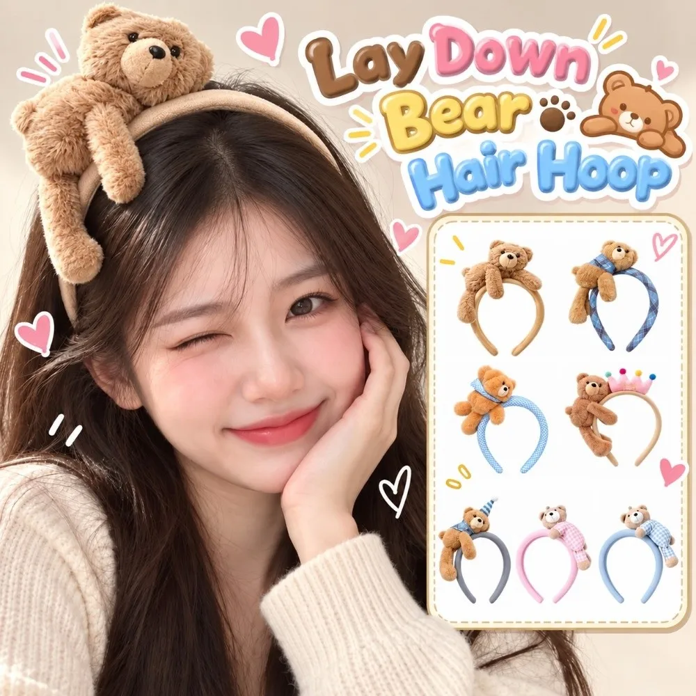Gingham Tiaras Fluffy Plaid Headbands Soft Nonslip Lay Down Bear Hairbands Elastic Volumizing Cute Hair Hoops Girls