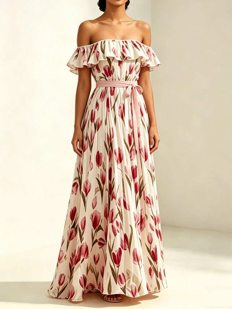 Sommerliches, sexy schulterfreies Kleid mit modischem Print, ärmellos, für den Strandurlaub, elegantes A-Linien-Kleid mit eckigem Ausschnitt und freiem Rücken