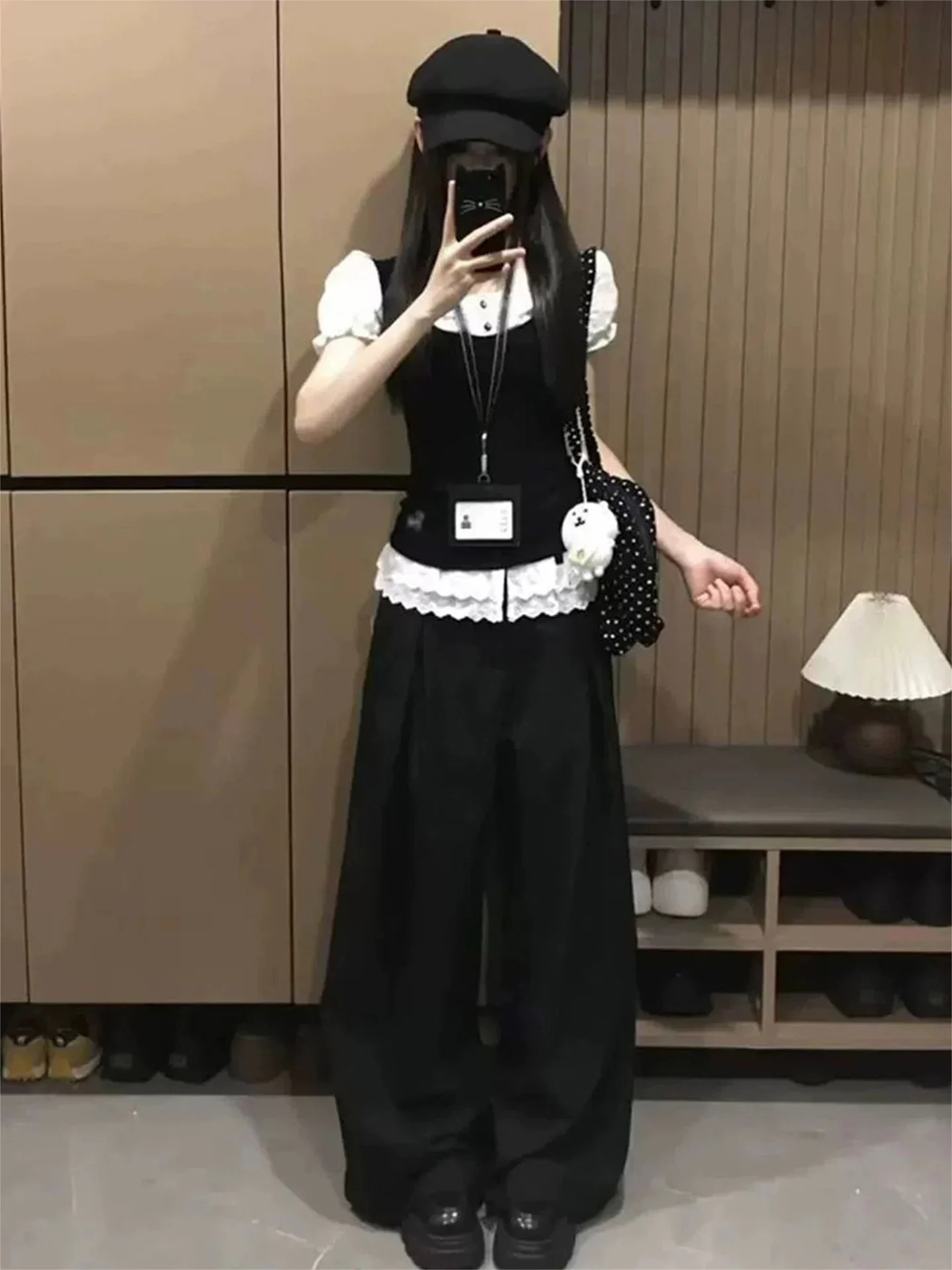 Korean Style College Bubble Sleeve T-Shirt Women Summer Short Sleeve Lace Casual Pants Two Piece Set Fashionable Youth Wear