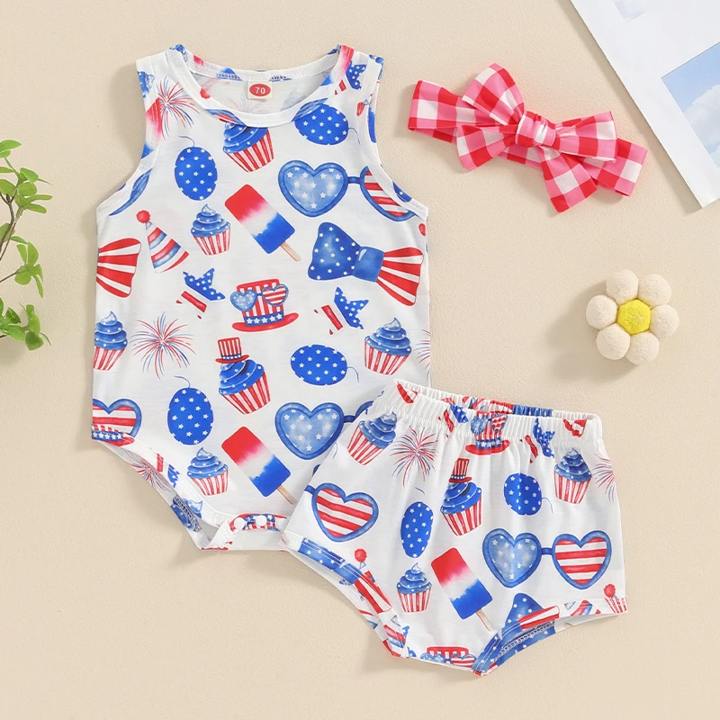 

Baby Girls Independence Day Shorts Sets Sleeveless Round Neck Cartoon Pattern Print Romper Shorts Sets