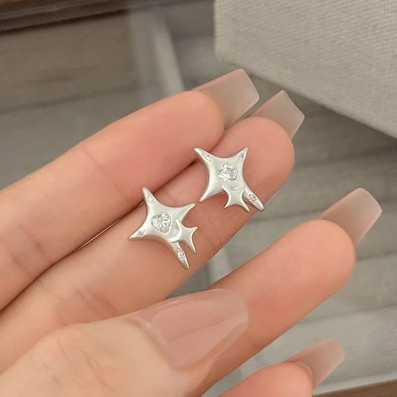 S999 Sterling Silver Needle Trendy Zircon Brushed Star Stud Earrings for Charm Women Geometric Fashion Jewelry Accessories