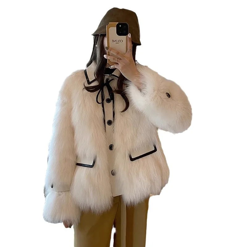 معطف فرو صناعي للنساء سترة من الفرو بأربطة وياقة مقلوبة وأكمام طويلة واحدة الصدر فضفاضة غير رسمية للمكتب للسيدات لخريف وشتاء 2025