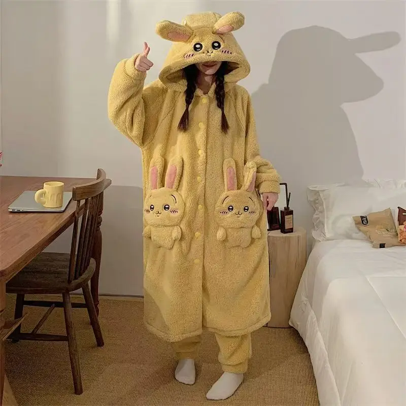 Pijama de Anime Chiikawa, camisón de felpa coral para mujer con diseño de Usagi, ropa de dormir de invierno, gruesa, con capucha, ropa de casa cálida, ideal como regalo.