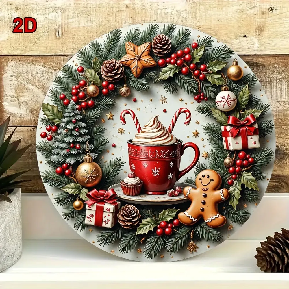 Retro Christmas Wreath Decor Board 2D Plane Print Round Wooden Pendant Gingerbread Man Hot Cocoa Cup And Festive Home Decor Home