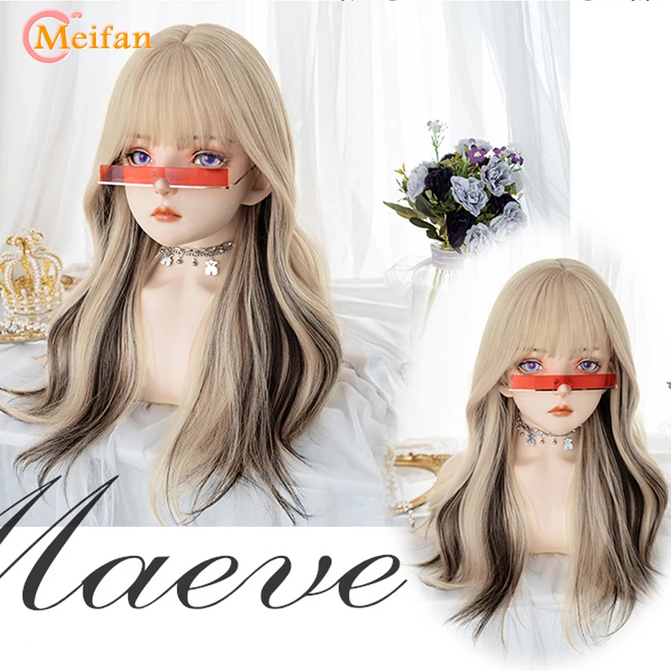 MEIFAN Synthetic Long Wave Curly Lolita Wig with Bangs Wig Girl Cute Ombre Pink Blue Green Cosplay Party Halloween Christmas Wig