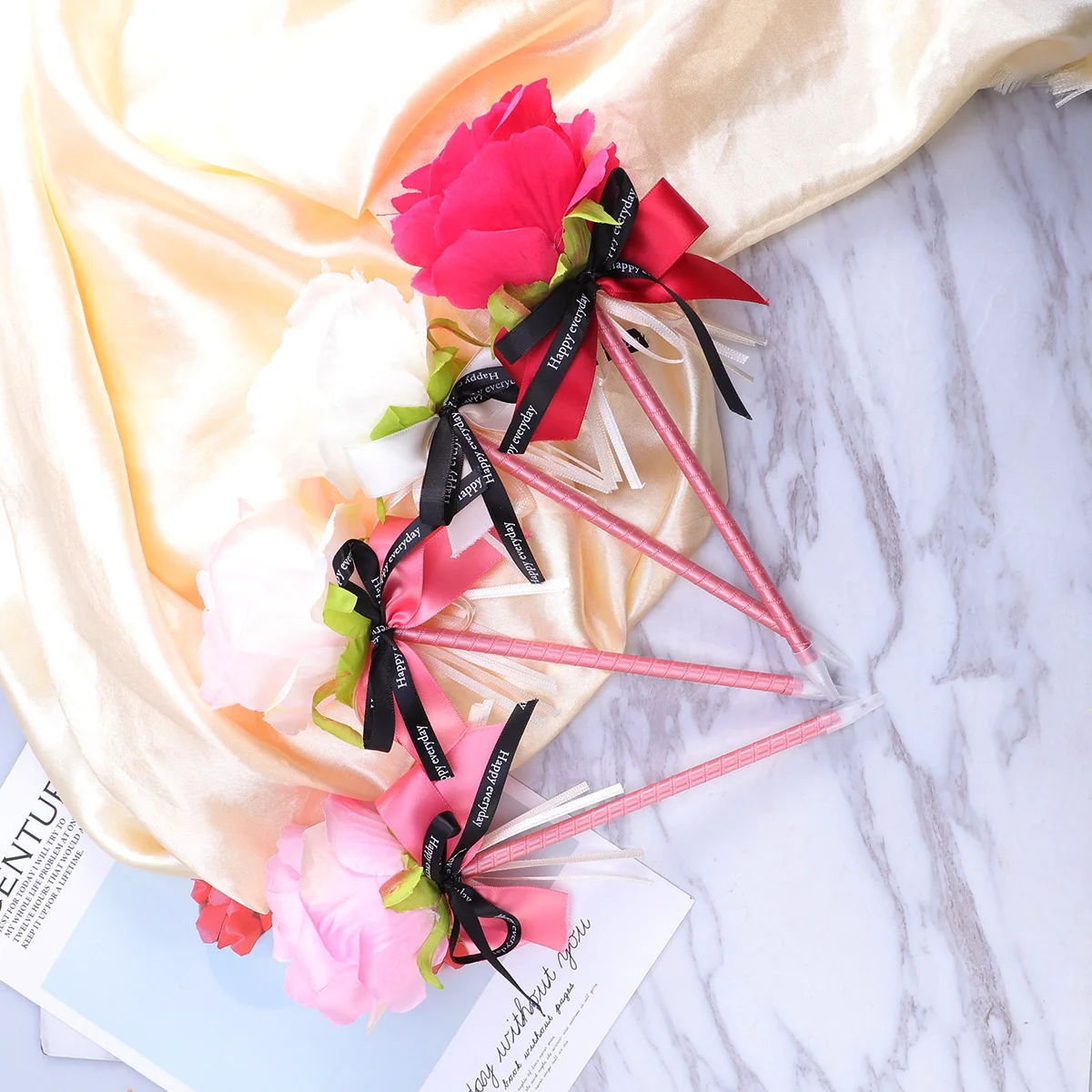 4 Pcs Rose Bowknot Pen Flower Decor Ballpoint Pen Office School Stationery (Style 1, Style 2, Style 3, Style 4)