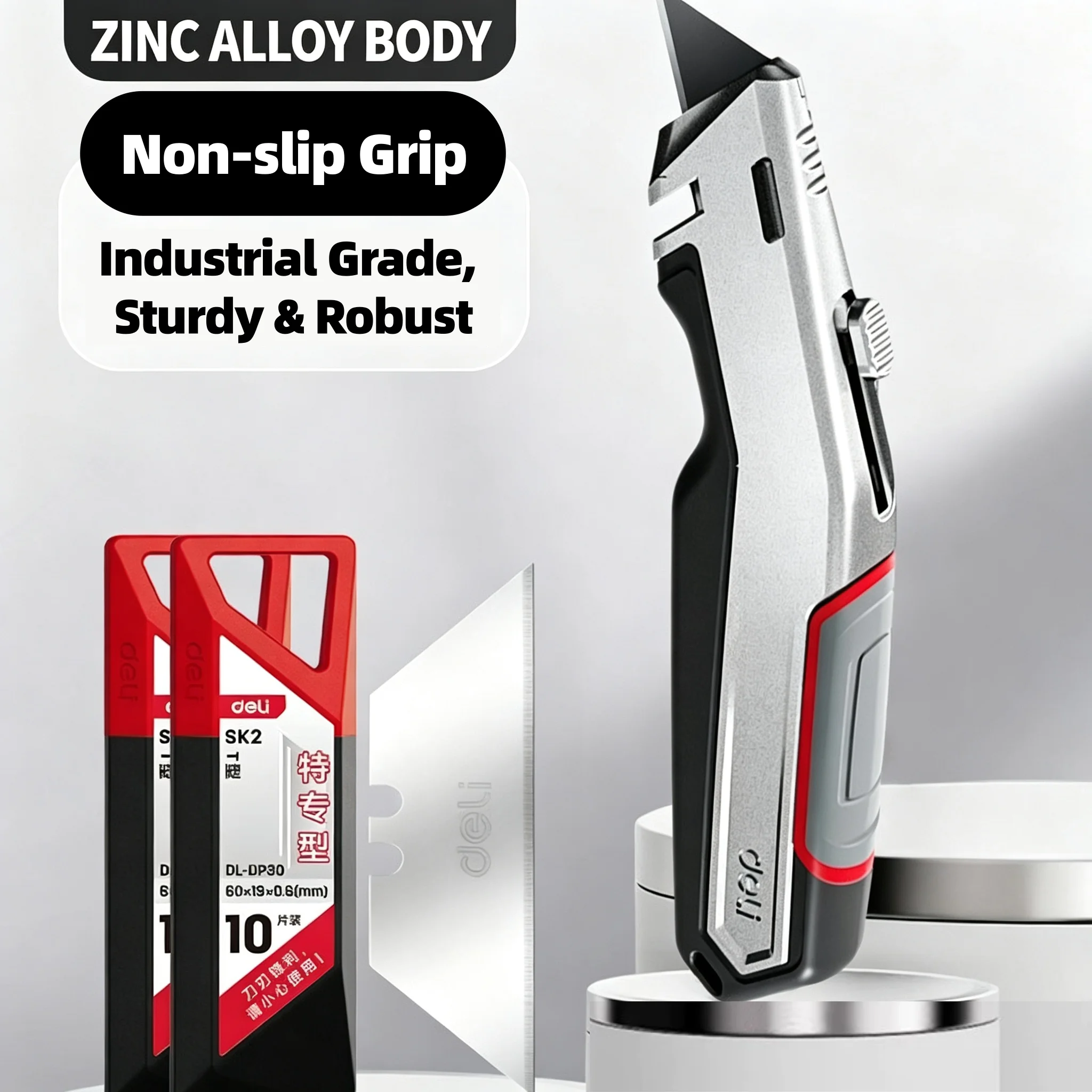 Heavy-Duty Zinc Alloy Utility Knife With Storage SK2 Steel Blades Non-Slip Grip Auto-Lock for Construction & Industrial Cutting