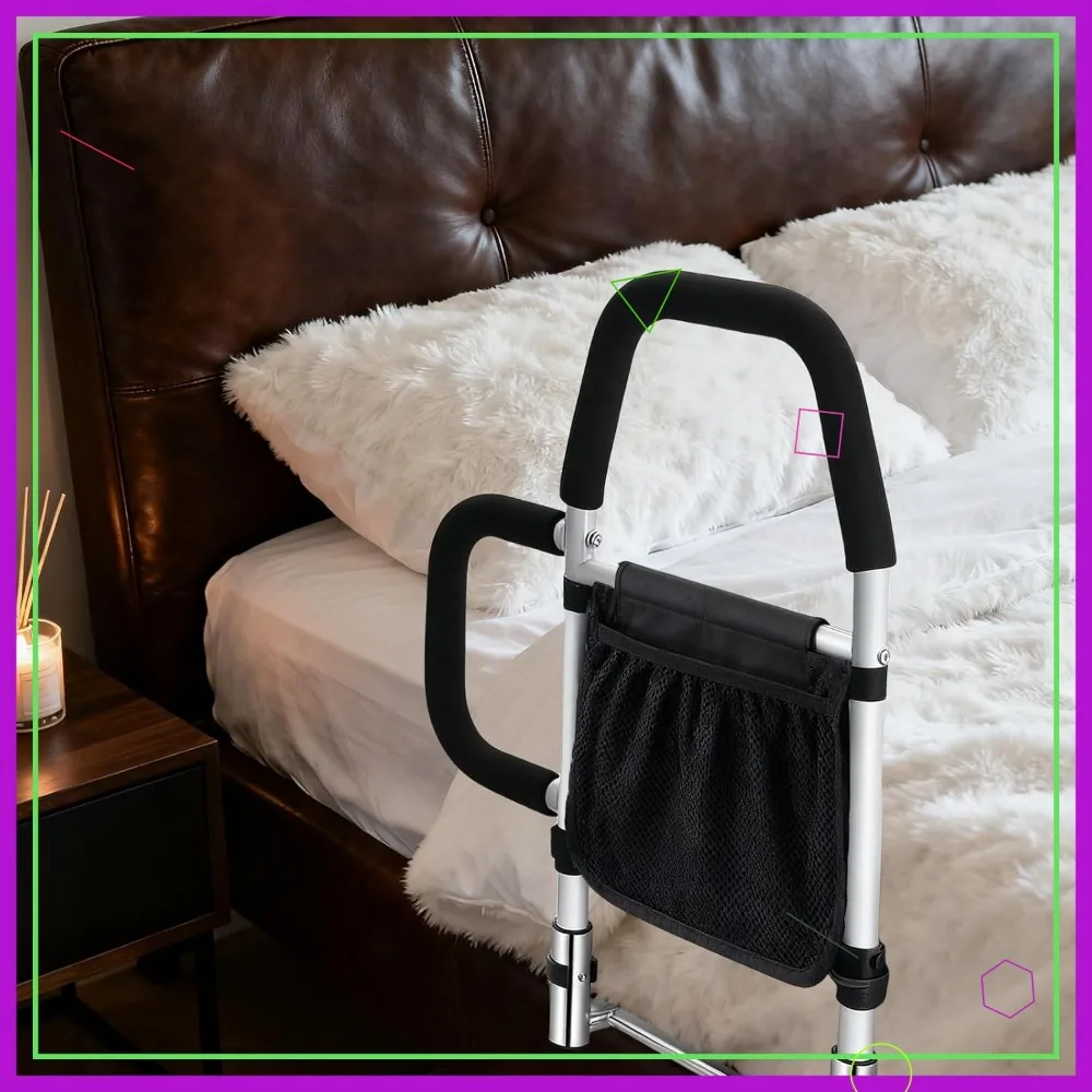 Rail de sécurité de lit pour adultes âgés avec barres d'appui et poche de rangement, convient aux lits Queen, King, Full, Twin, supporte jusqu'à 350 lb