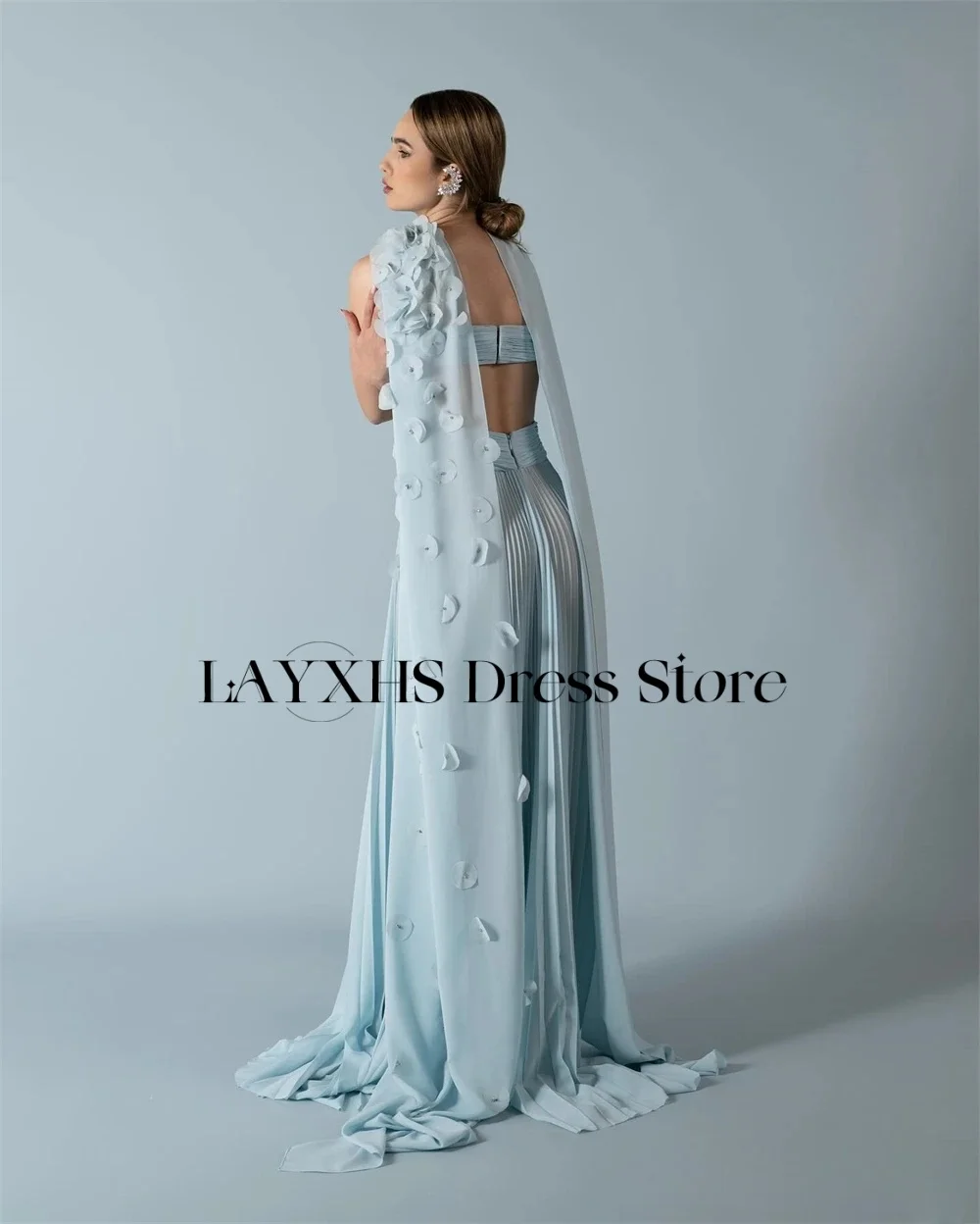 LAYXHS Fashion Spaghetti-Straps Evening Dresses Blue A-Line Cut-out Applique Birthday Party Prom Gowns Customized