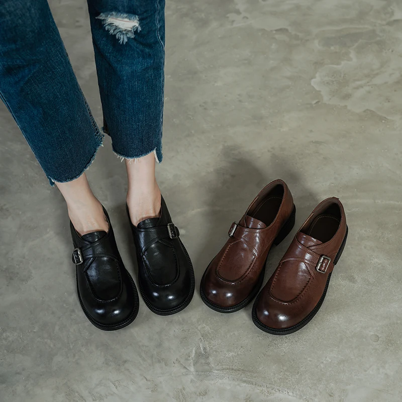 2026 new spring autumn women pumps natural leather 22-25 cm washed cowhide+sheepskin+pigskin round toe women shoes Retro loafers