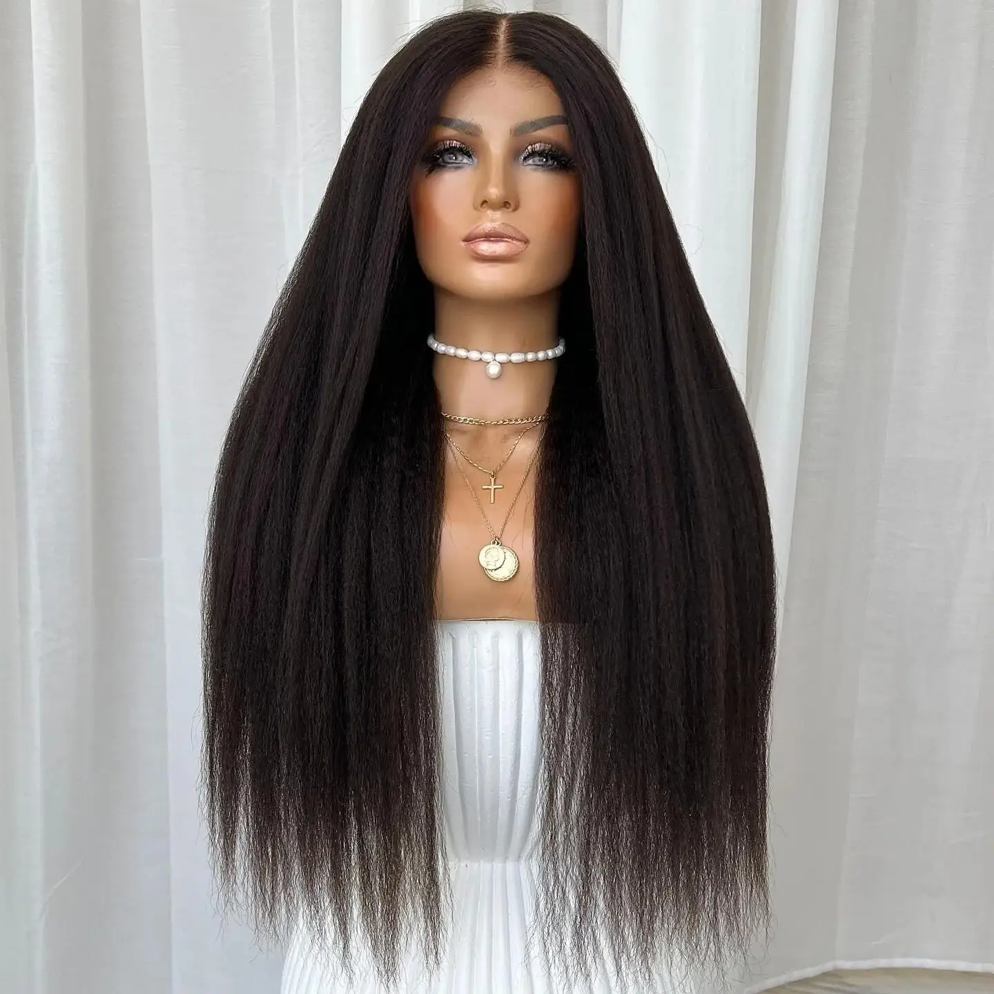 Dark Brown Soft 26Inch 180Density Glueless Long Preplucked Yaki Kinky Straight Lace Front Wig For Women With Baby Hair Daily