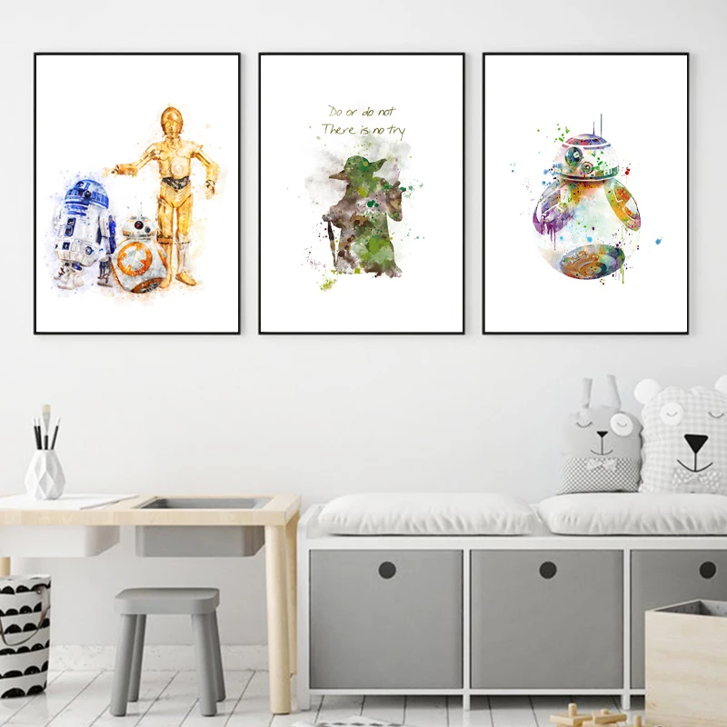 Star Wars Art Prints R2D2 C-3PO Watercolor Painting BB8 Droid Empire Canvas Poster Yoda Artwork Wall Home Decor Gift