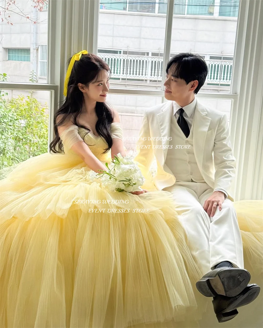 SPRAYING – robe de soirée de luxe en Tulle, col en V, jaune, épaules dénudées, pour séance Photo de mariage coréen, longue, Corset à plusieurs niveaux, personnalisé
