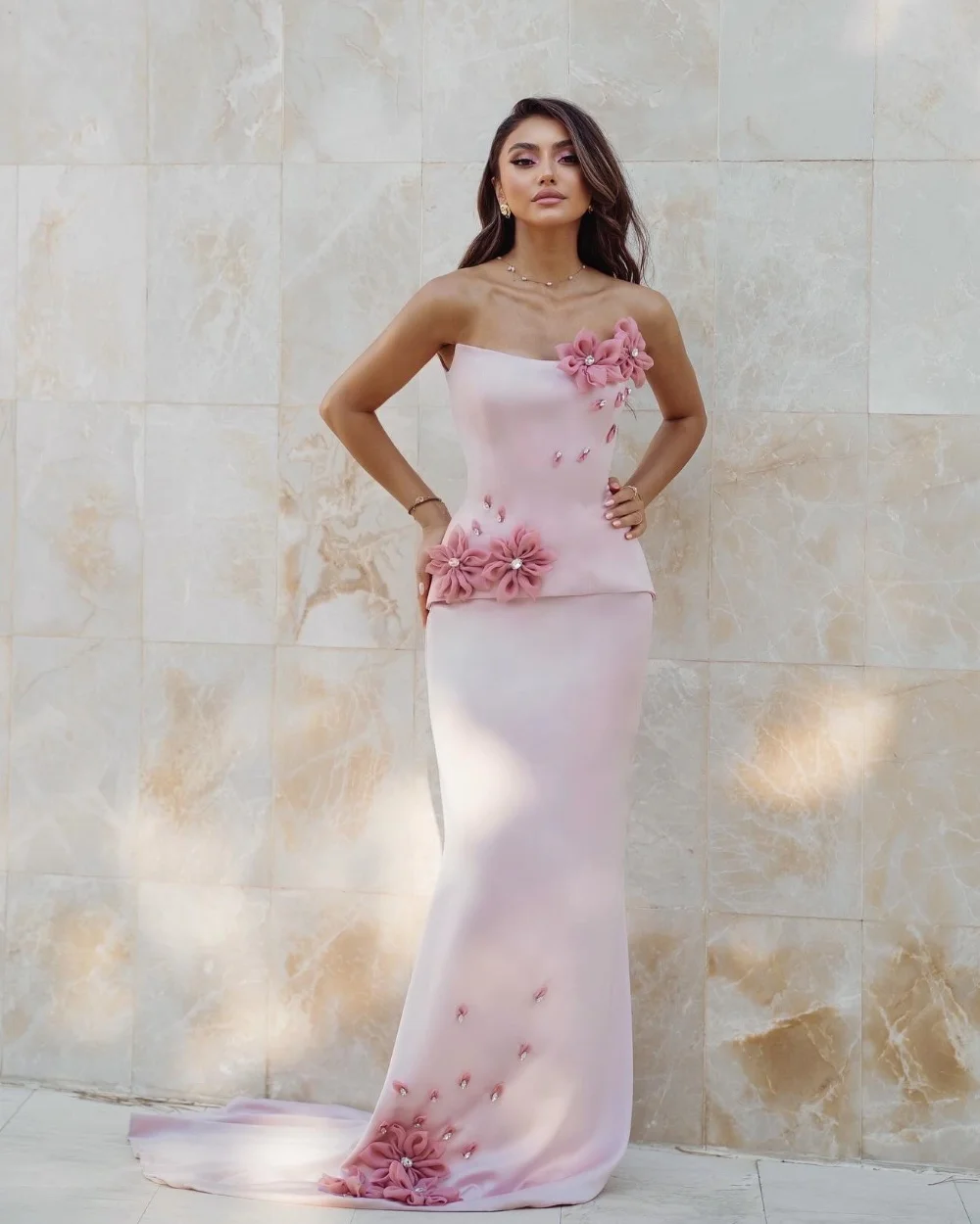 

Customized Matching Sexy Jersey Handmade Flower Rhinestone Pleat Straight Strapless Long Dresses Bespoke Occasion Dresses Retro